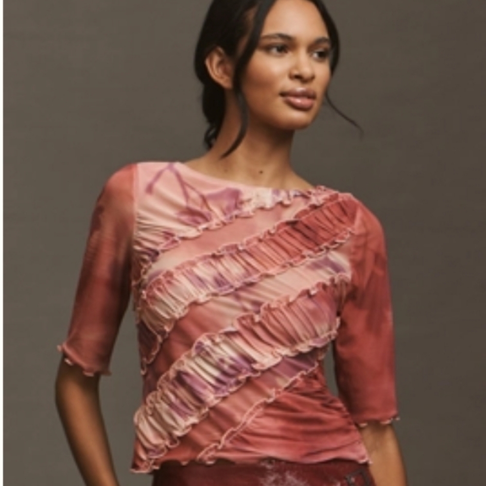 NWT By Anthropologie Half-Sleeve Sheer Ruched Top